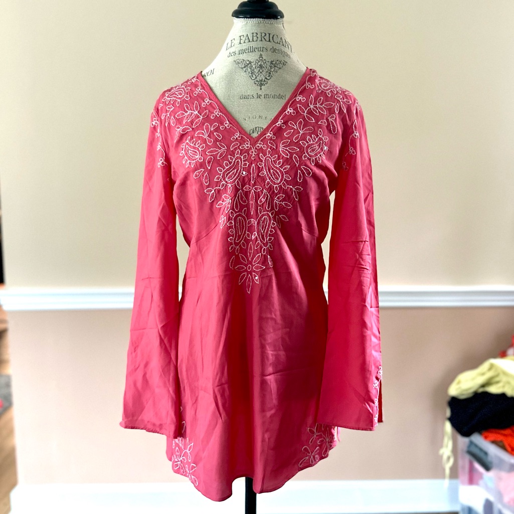 Lafayette 148 New York Pink Silk Embroidered Clear Sequins Tunic Top Blouse - 8
